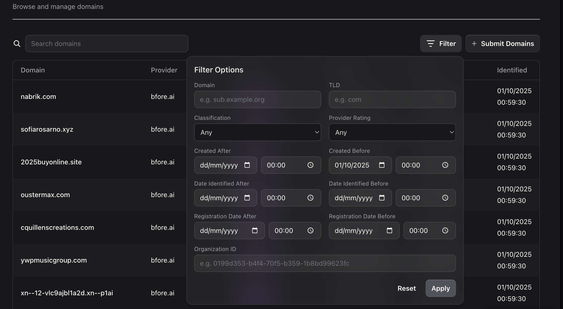 Screenshot of the Domains table filter options in the Web Interface